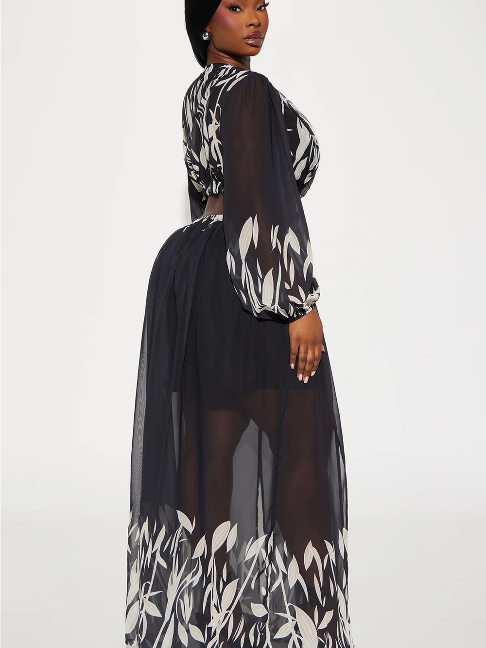 Fashion Nova Black Sheer Maxi Dress with Cream Leaf Print - Picture 12 of 12